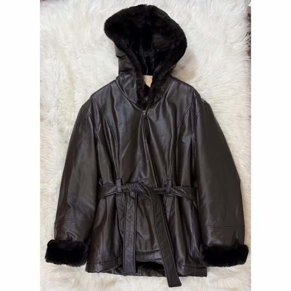 Pelle Thick Leather Jacket Faux Fur Belted with Hood Full Zip Women’s XL Brown - Picture 10 of 16